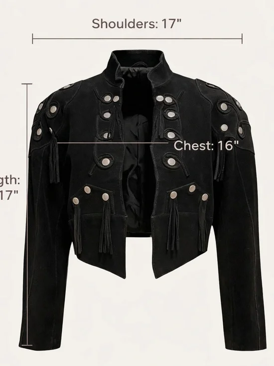 Vintage Suede Fringe Jacket Black Studded Cropped Indie Rock Revival S/M - Picture 6 of 9